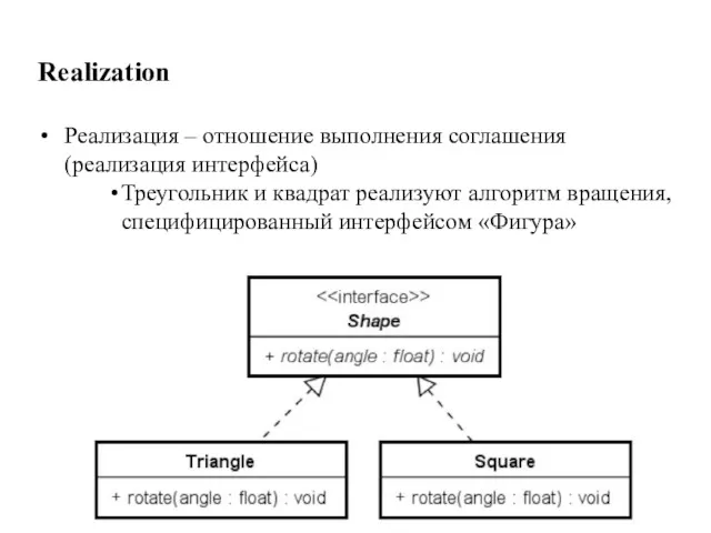 Realization Реализация – отношение выполнения соглашения (реализация интерфейса) Треугольник и