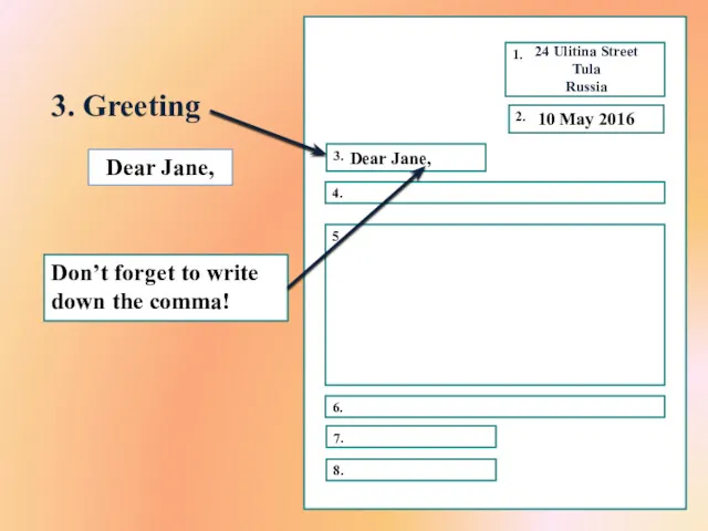 3. Greeting 10 May 2016 Dear Jane, Dear Jane, Don’t