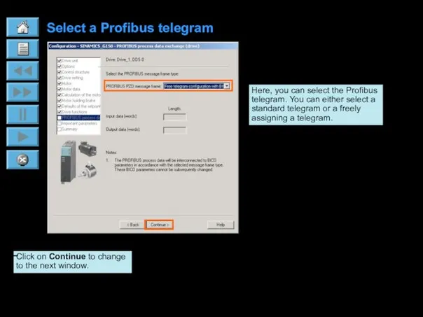 Select a Profibus telegram Here, you can select the Profibus