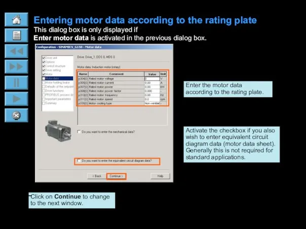 Entering motor data according to the rating plate This dialog