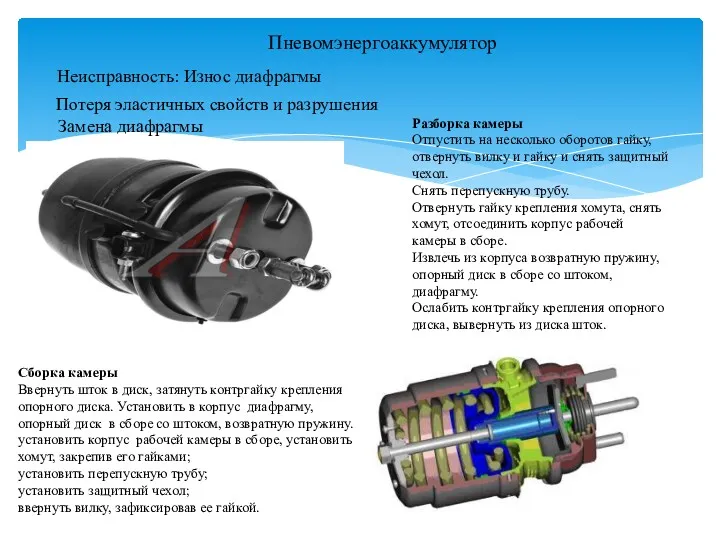 Пневомэнергоаккумулятор Неисправность: Износ диафрагмы Потеря эластичных свойств и разрушения Замена