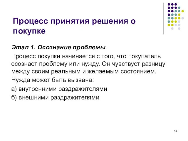 Процесс принятия решения о покупке Этап 1. Осознание проблемы. Процесс