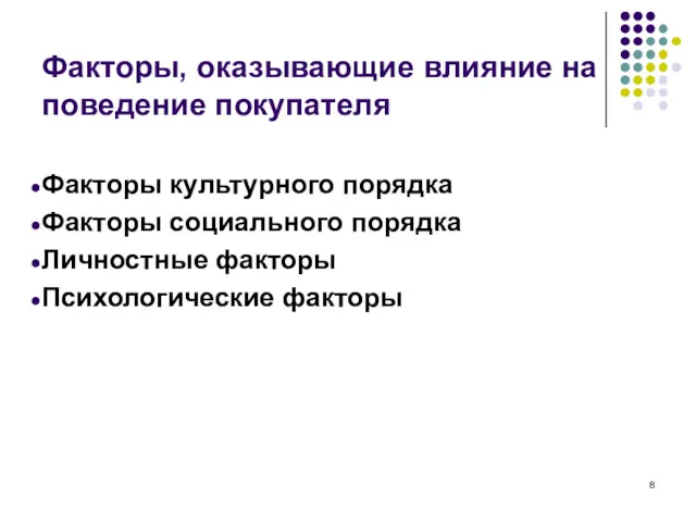 Факторы, оказывающие влияние на поведение покупателя Факторы культурного порядка Факторы социального порядка Личностные факторы Психологические факторы