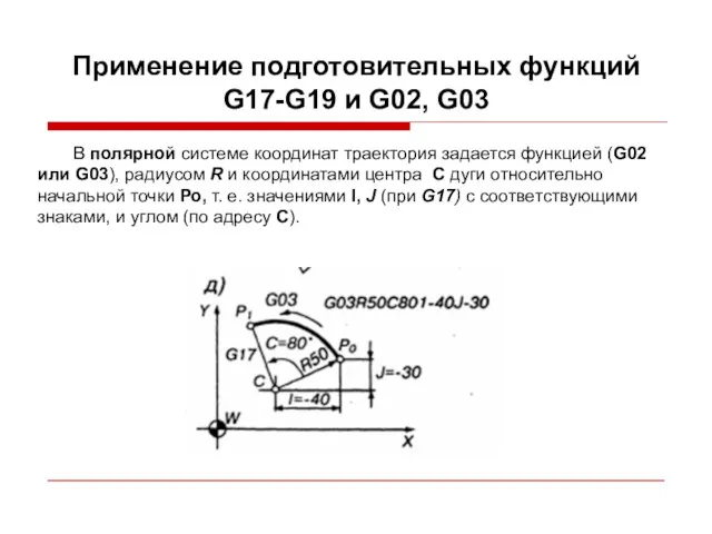 Применение подготовительных функций G17-G19 и G02, G03 В полярной системе