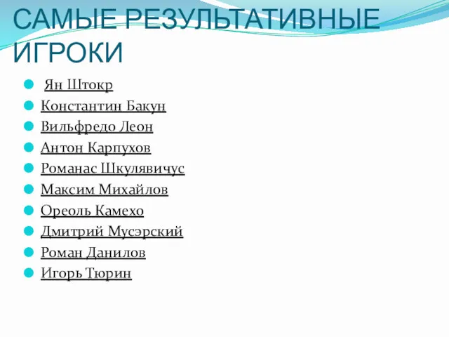 САМЫЕ РЕЗУЛЬТАТИВНЫЕ ИГРОКИ Ян Штокр Константин Бакун Вильфредо Леон Антон