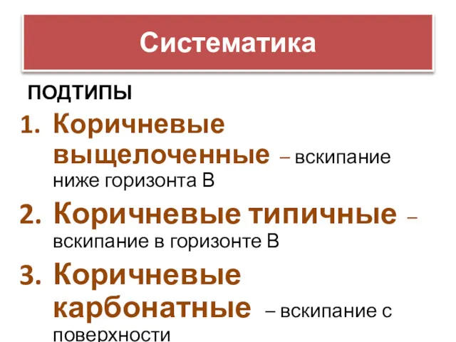 Систематика ПОДТИПЫ Коричневые выщелоченные – вскипание ниже горизонта В Коричневые