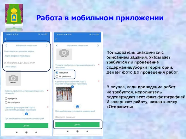 Работа в мобильном приложении Пользователь знакомится с описанием задания. Указывает требуется ли проведение