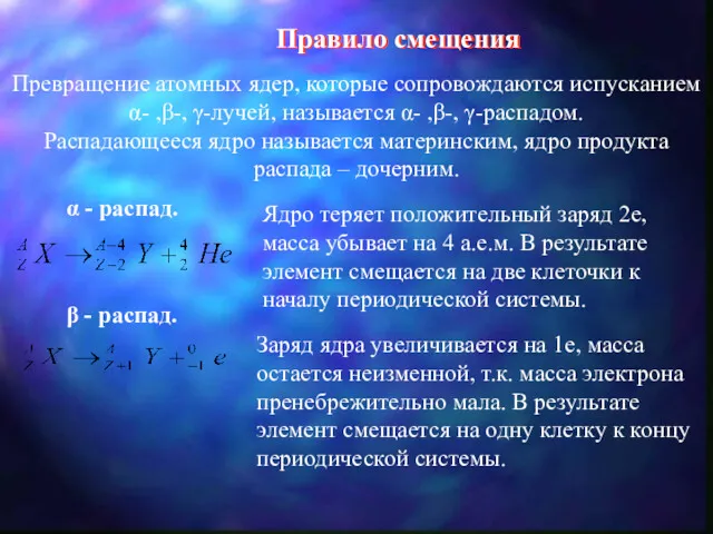 Правило смещения Превращение атомных ядер, которые сопровождаются испусканием α- ,β-,