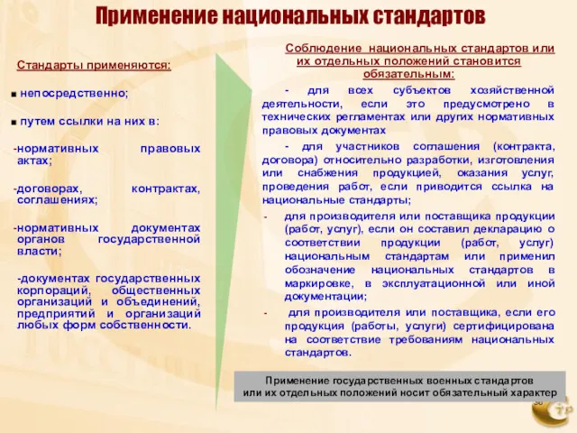 Применение национальных стандартов Стандарты применяются: непосредственно; путем ссылки на них