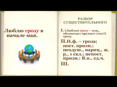 РАЗБОР СУЩЕСТВИТЕЛЬНОГО Люблю грозу в начале мая. I. (Люблю) грозу