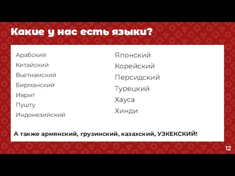 Какие у нас есть языки? Арабский Китайский Вьетнамский Бирманский Иврит Пушту Индонезийский Японский