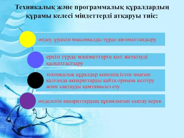 Техникалық және программалық құралдардың құрамы келесі міндеттерді атқаруы тиіс: