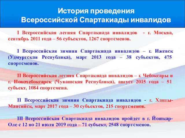 История проведения Всероссийской Спартакиады инвалидов I Всероссийская летняя Спартакиада инвалидов