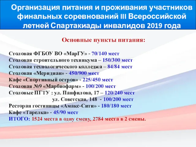 Организация питания и проживания участников финальных соревнований III Всероссийской летней