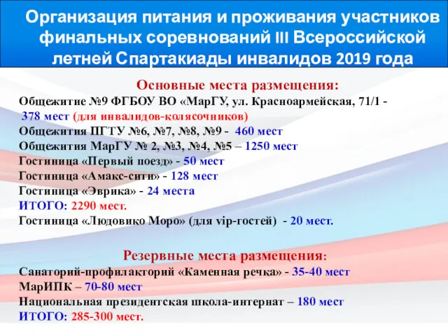 Организация питания и проживания участников финальных соревнований III Всероссийской летней