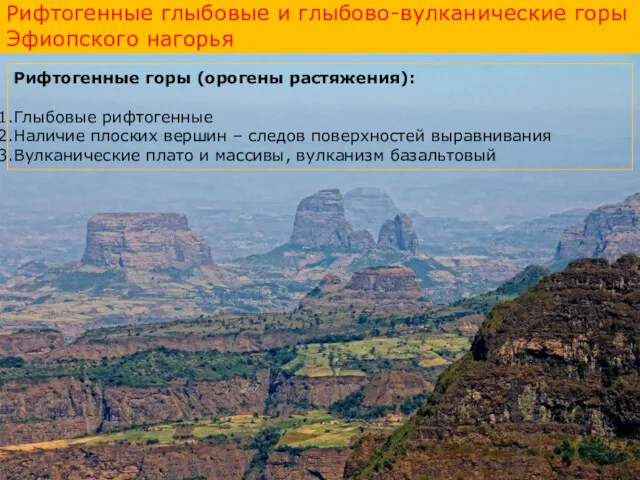 Рифтогенные глыбовые и глыбово-вулканические горы Эфиопского нагорья Рифтогенные горы (орогены растяжения): Глыбовые рифтогенные
