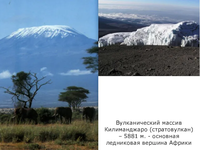Вулканический массив Килиманджаро (стратовулкан) – 5881 м. - основная ледниковая вершина Африки