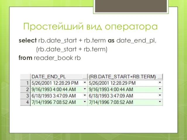 Простейший вид оператора select rb.date_start + rb.term as date_end_pl, (rb.date_start + rb.term) from reader_book rb