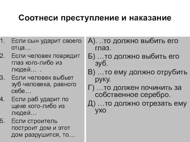 Соотнеси преступление и наказание Если сын ударит своего отца… Если