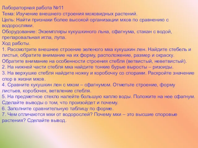 Лабораторная работа №11 Тема: Изучение внешнего строения моховидных растений. Цель: