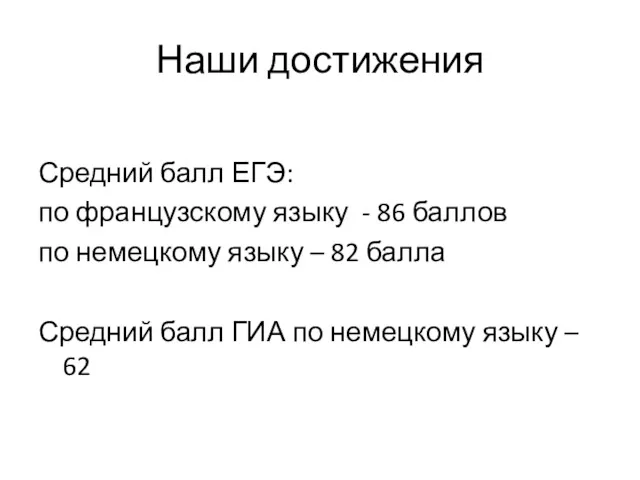 Наши достижения Средний балл ЕГЭ: по французскому языку - 86