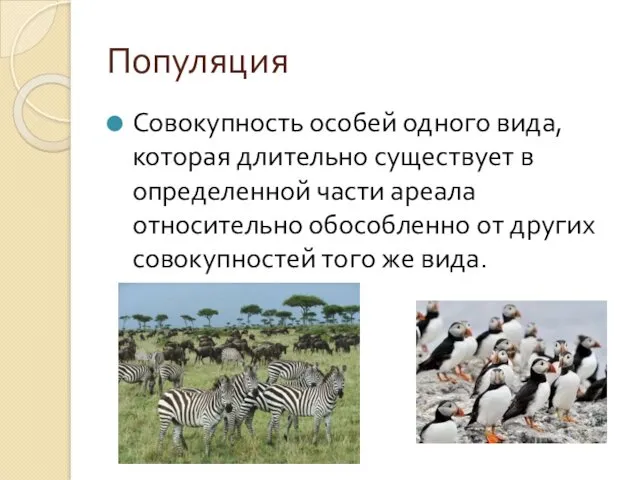 Популяция Совокупность особей одного вида, которая длительно существует в определенной