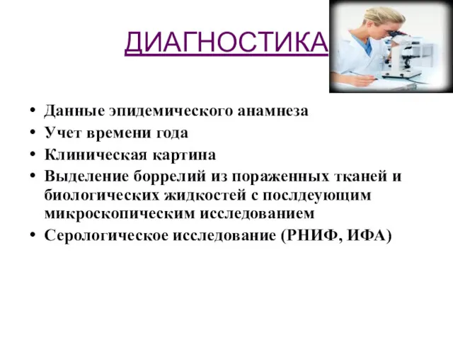 ДИАГНОСТИКА Данные эпидемического анамнеза Учет времени года Клиническая картина Выделение боррелий из пораженных