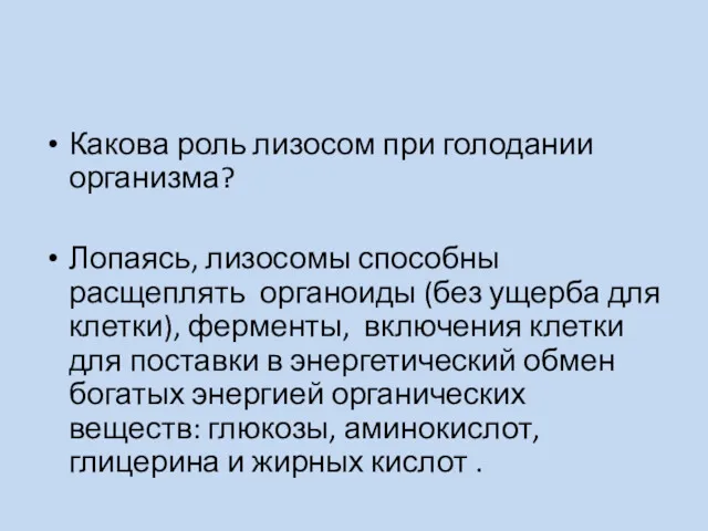 Какова роль лизосом при голодании организма? Лопаясь, лизосомы способны расщеплять