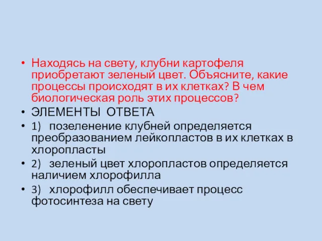 Находясь на свету, клубни картофеля приобретают зеленый цвет. Объясните, какие