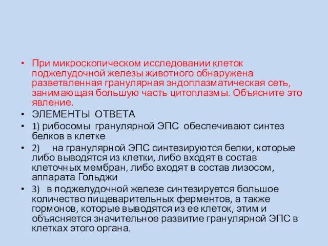 При микроскопическом исследовании клеток поджелудочной железы животного обнаружена разветвленная гранулярная