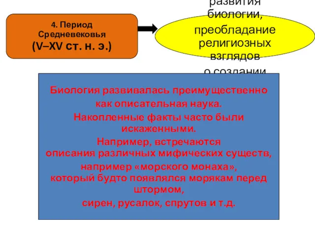 4. Период Средневековья (V–XV ст. н. э.) Торможение развития биологии,