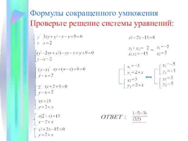 Формулы сокращенного умножения Проверьте решение системы уравнений: