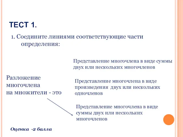 ТЕСТ 1. 1. Соедините линиями соответствующие части определения: Разложение многочлена