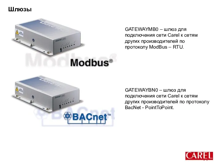 Шлюзы GATEWAYMB0 – шлюз для подключения сети Carel к сетям