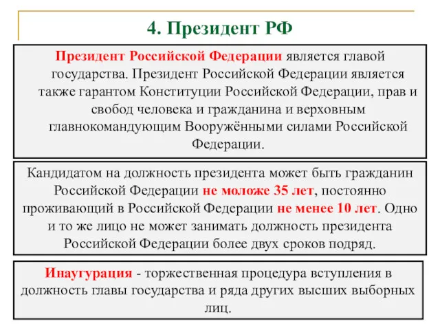 4. Президент РФ Президент Российской Федерации является главой государства. Президент