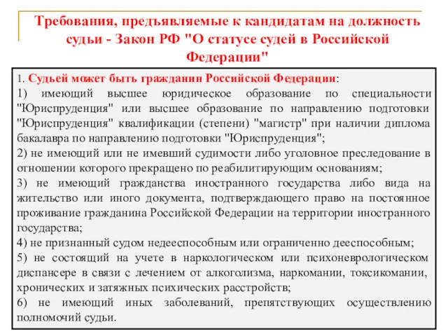 Требования, предъявляемые к кандидатам на должность судьи - Закон РФ