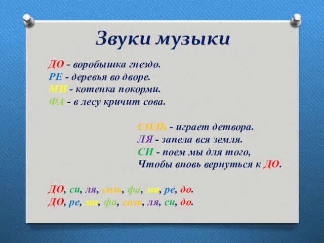 Звуки музыки ДО - воробышка гнездо. РЕ - деревья во