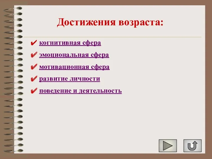 Достижения возраста: когнитивная сфера эмоциональная сфера мотивационная сфера развитие личности поведение и деятельность