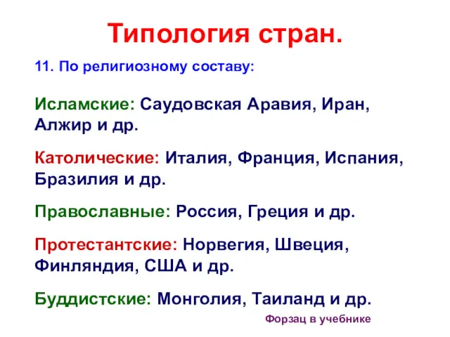 Типология стран. 11. По религиозному составу: Исламские: Саудовская Аравия, Иран,