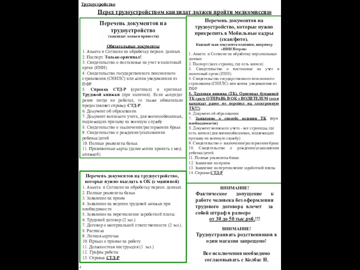 Перечень документов на трудоустройство (кандидат должен принести) Обязательные документы 1.