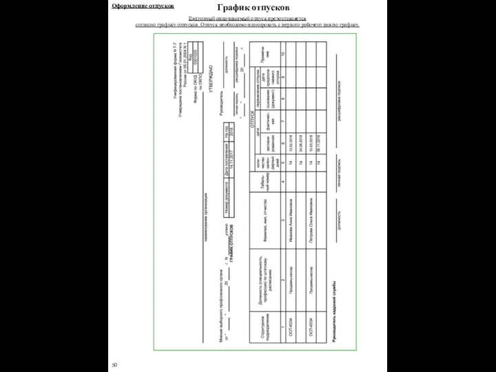 График отпусков Ежегодный оплачиваемый отпуск предоставляется согласно графику отпусков. Отпуск