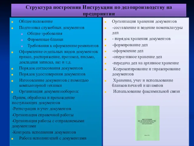 Структура построения Инструкции по делопроизводству на предприятии Общее положение Подготовка