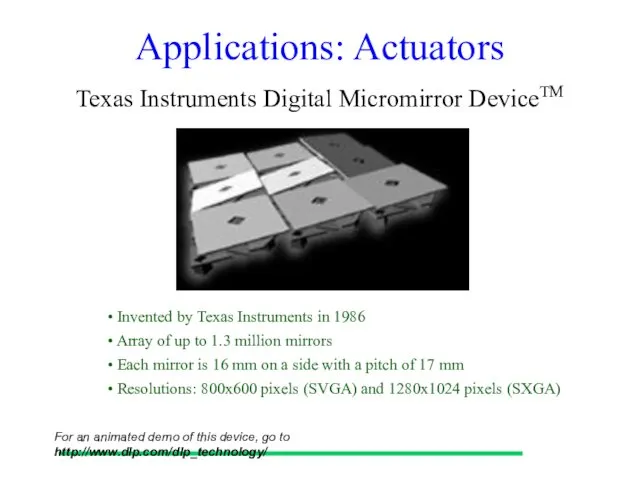 Applications: Actuators Texas Instruments Digital Micromirror DeviceTM Array of up to 1.3 million