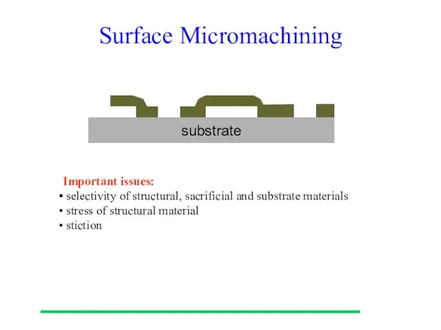 Surface Micromachining substrate Important issues: selectivity of structural, sacrificial and substrate materials stress