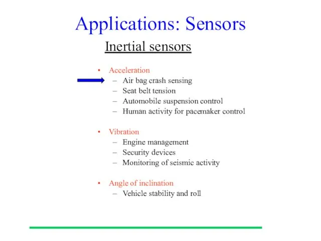 Applications: Sensors Acceleration Air bag crash sensing Seat belt tension Automobile suspension control