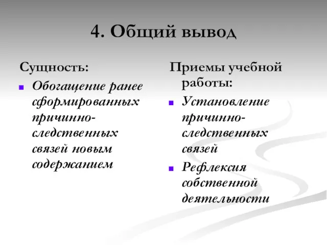 4. Общий вывод Сущность: Обогащение ранее сформированных причинно-следственных связей новым содержанием Приемы учебной