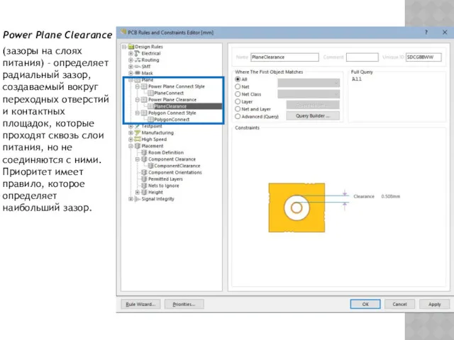 Power Plane Clearance (зазоры на слоях питания) – определяет радиальный