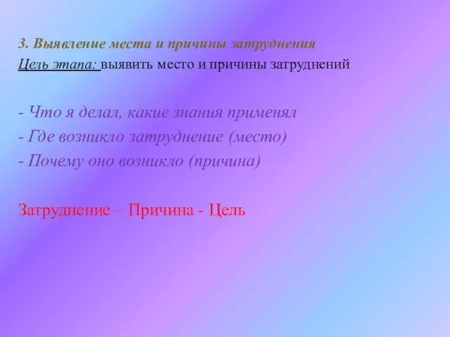 3. Выявление места и причины затруднения Цель этапа: выявить место