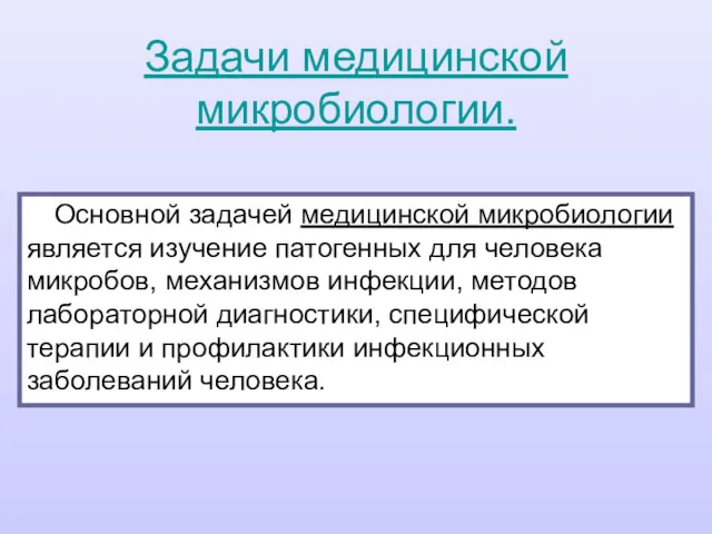 Основной задачей медицинской микробиологии является изучение патогенных для человека микробов,