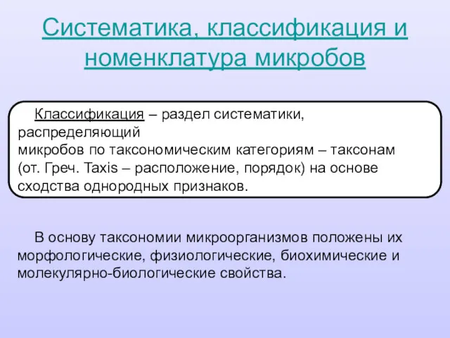 Классификация – раздел систематики, распределяющий микробов по таксономическим категориям –